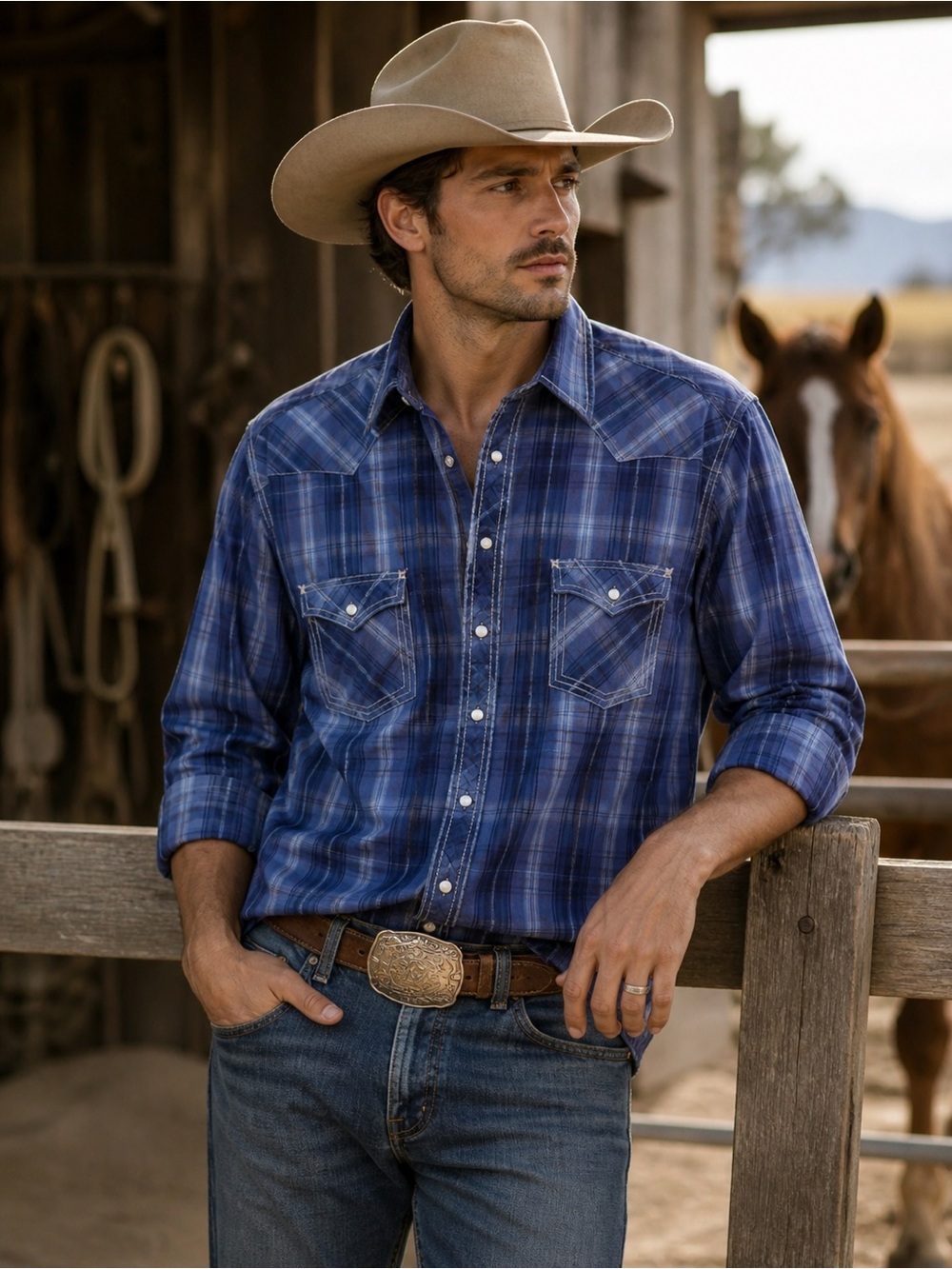 Rock & Roll Cowboy Blue Plaid Shirt Snap Button Cotton Long Sleeve Size XXL